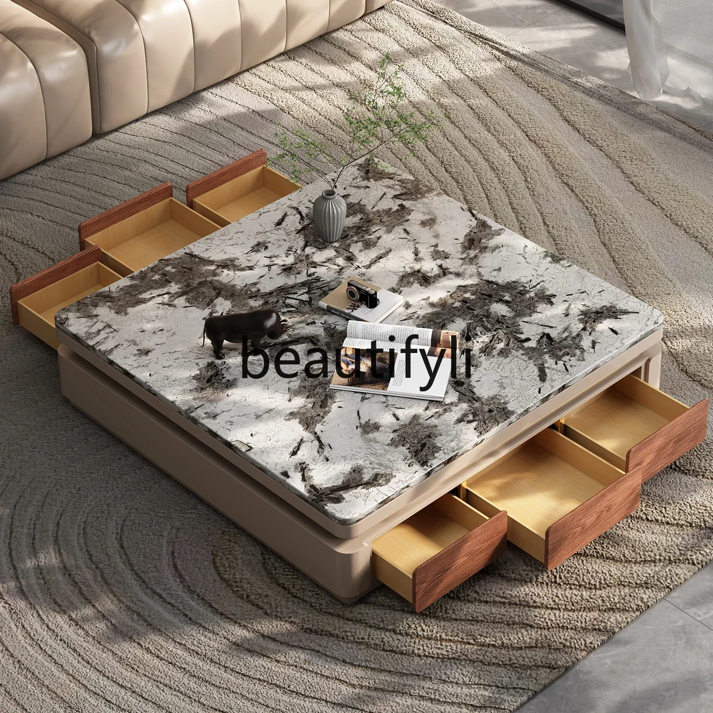 

DD45 High-end Villa Natural Marble Solid Wood Coffee Table Living Room Luxurious Feel