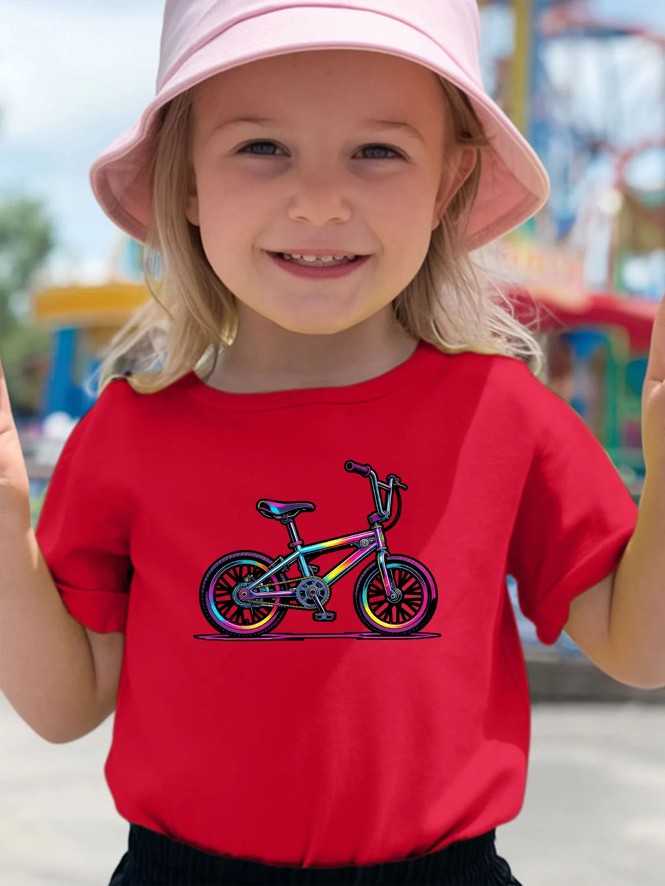 Toddler Boys Girls Tee Rainbow BMX Bicycle Print Family Matching Cotton Short Sleeve Crew Neck Soft Summer Daily Casual Kid Wear