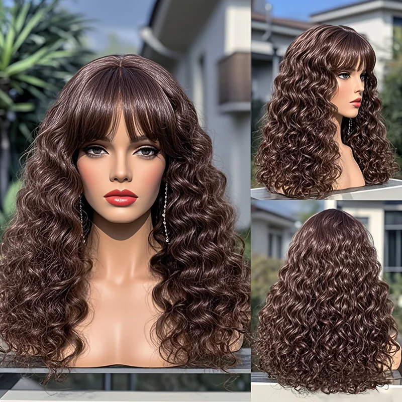 Elegant Brown Water Wave Wig with Bangs, 28 Inches, High Density, Heat-Resistant Fiber, Water Wave Curls