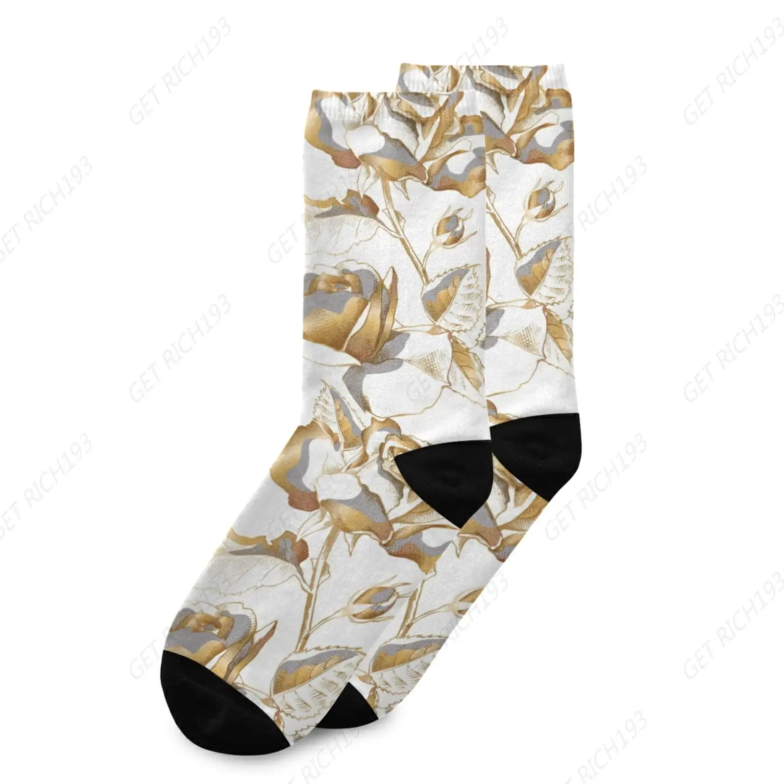 Golden Rose Flowers Leaves And Buds On White 1 Pair Casual Knee High Sock Soft Circulation Socks For Running Travel