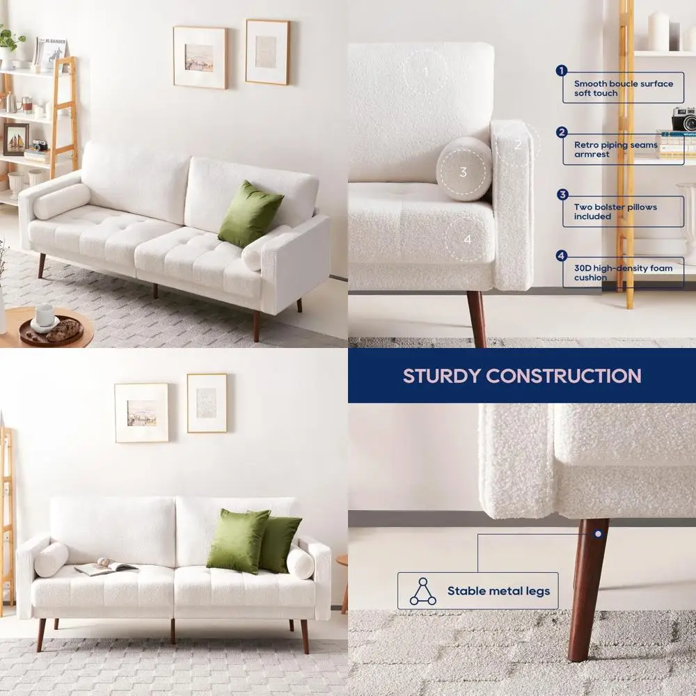 أريكة فوناندا فيلفيت بوكل، أريكة من منتصف القرن 73 بوصة 3 مقاعد مع وسادة مريحة مخيطة يدويًا ووسائد معززة للي