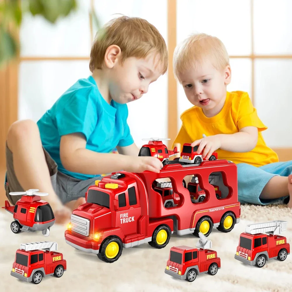 WizKidz Fire Truck Toys 5 In 1 Kids Carrier Friction Power Cars With Light Sound For 3 + Years Old Boys Toddlers Birthday Gifts