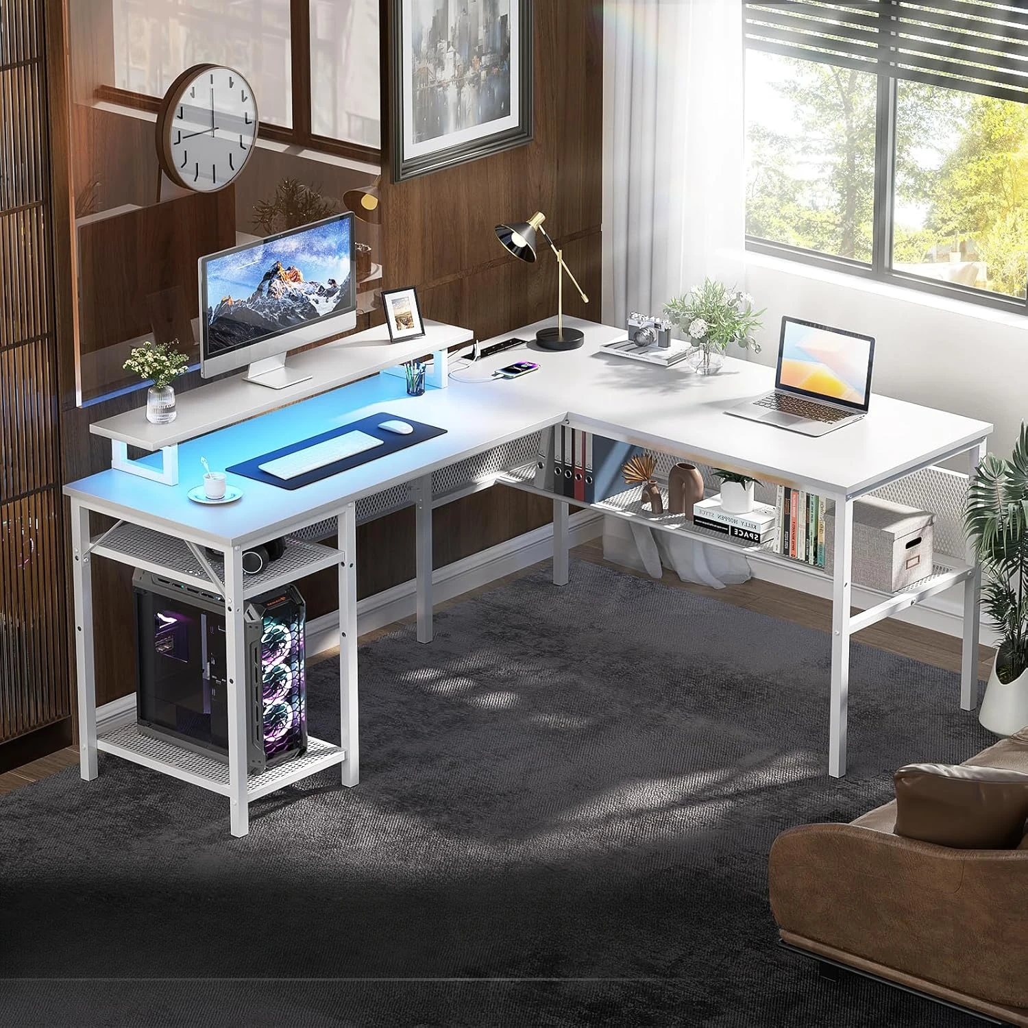 

L Shaped Desk, 55 Inch Reversible Computer Desk with Magic Power Outlet and Cool LED Light, Sturdy Corner Office Desk