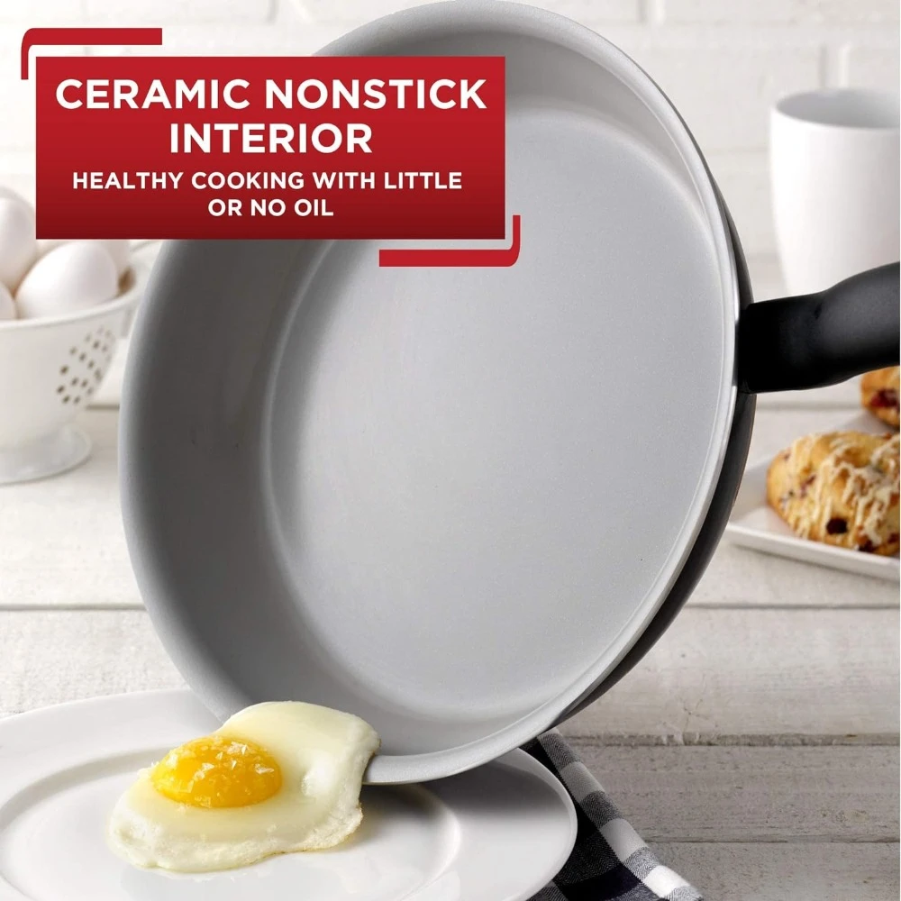 Initiatives Ceramic Non Stick Cookware Set 14 Piece, Oven Broiler Safe 350F, Kitchen Cooking Set W/ Fry Pans, Saucepans