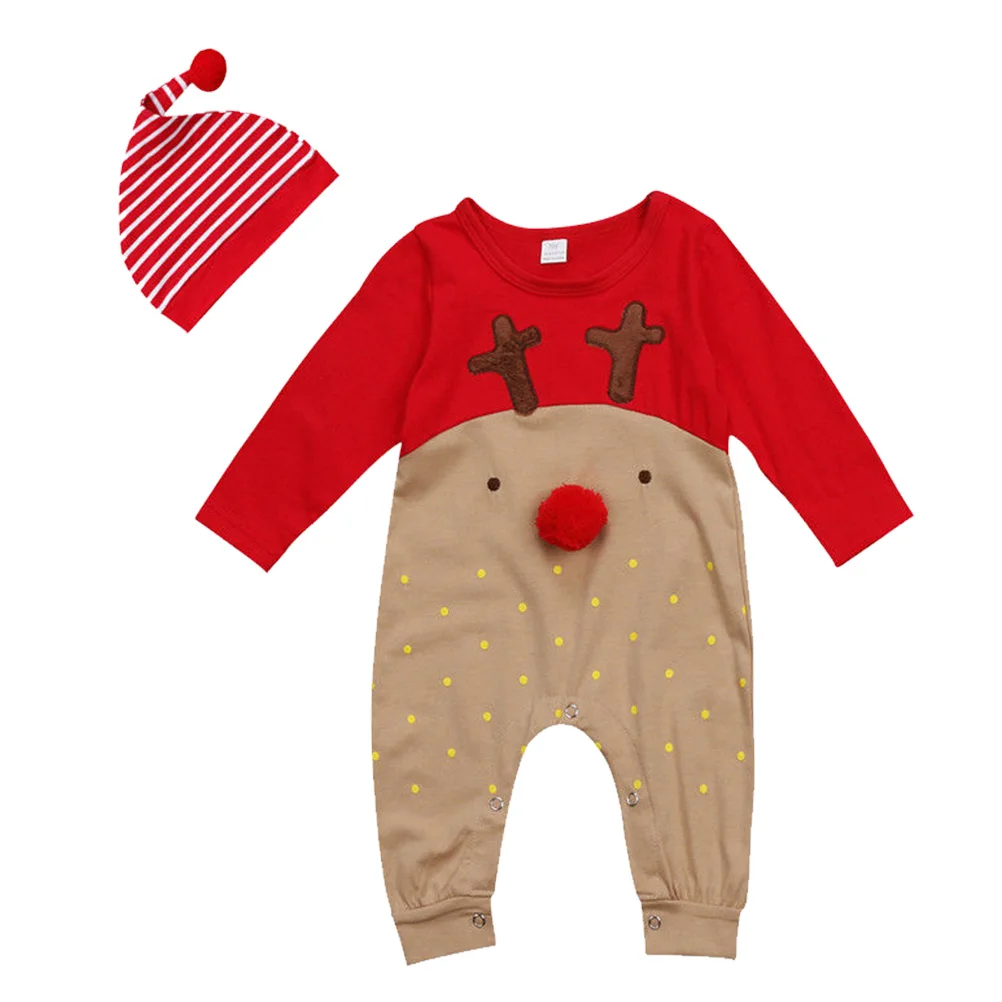 

Newborn Baby Boys Girls Christmas Long Sleeve Red Nose Cartoon Reindeer Bodysuit Set Stripe Hat Xmas Outfit for 6-12 Months