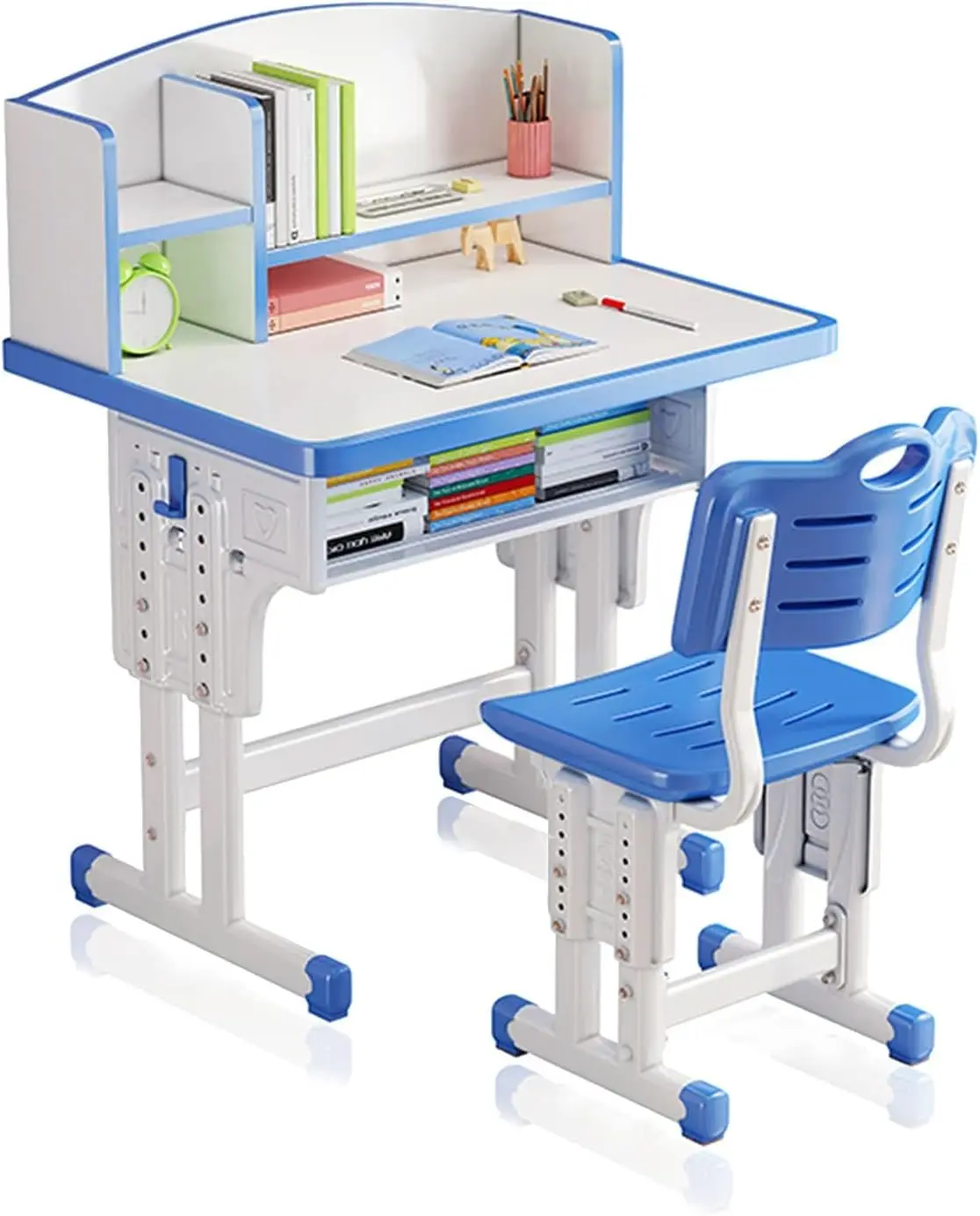 Kids' Study Desk Chair Sets, Blue, Adjustable Height, Ergonomic Design, with Large Storage Drawer and Bookshelf, Suitable