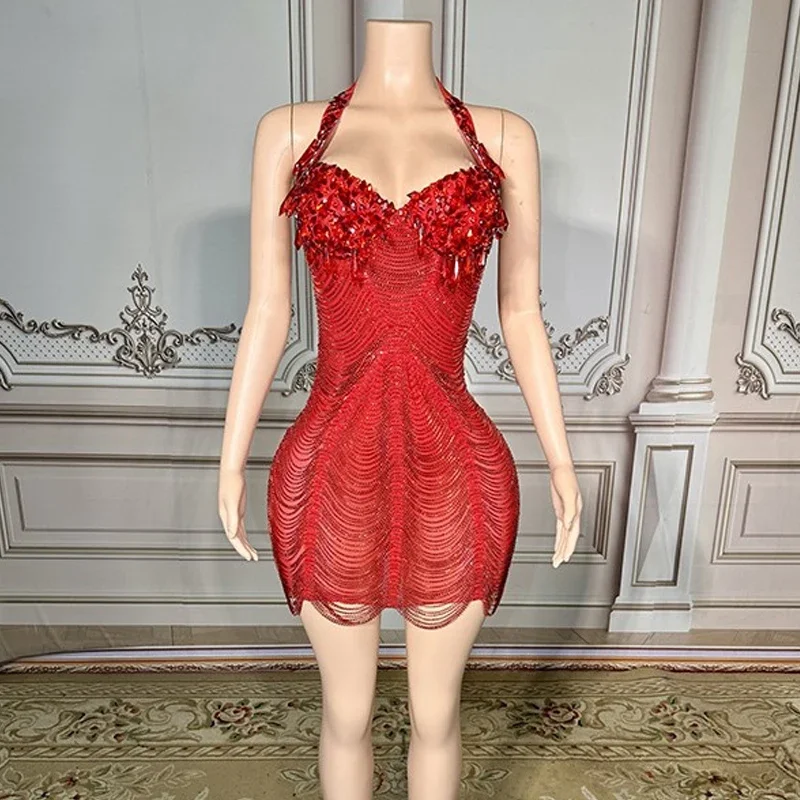 Rhinestones Evening Dresses Party Festival Outfit Red Silver Singer Gogo Costumes Stage Performance Clothes
