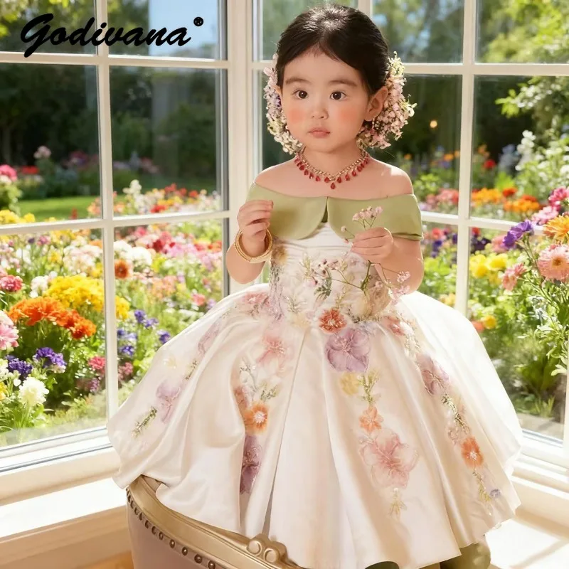 Baby Girl Mesh Shoulderless Maxi Dress 2026 New Spring Sweet Princess Heavy Prom Dress Embroidery Floral Print Party Ball Gowns