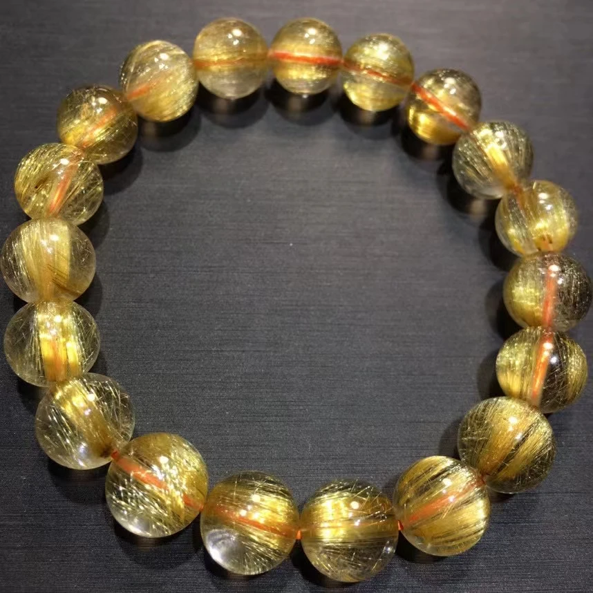 Natural Gold Rutilated Quartz Clear Round Beads Bracelet 10mm Rutilated Brazil Women Men Fashion Wealthy Stone AAAAAAA