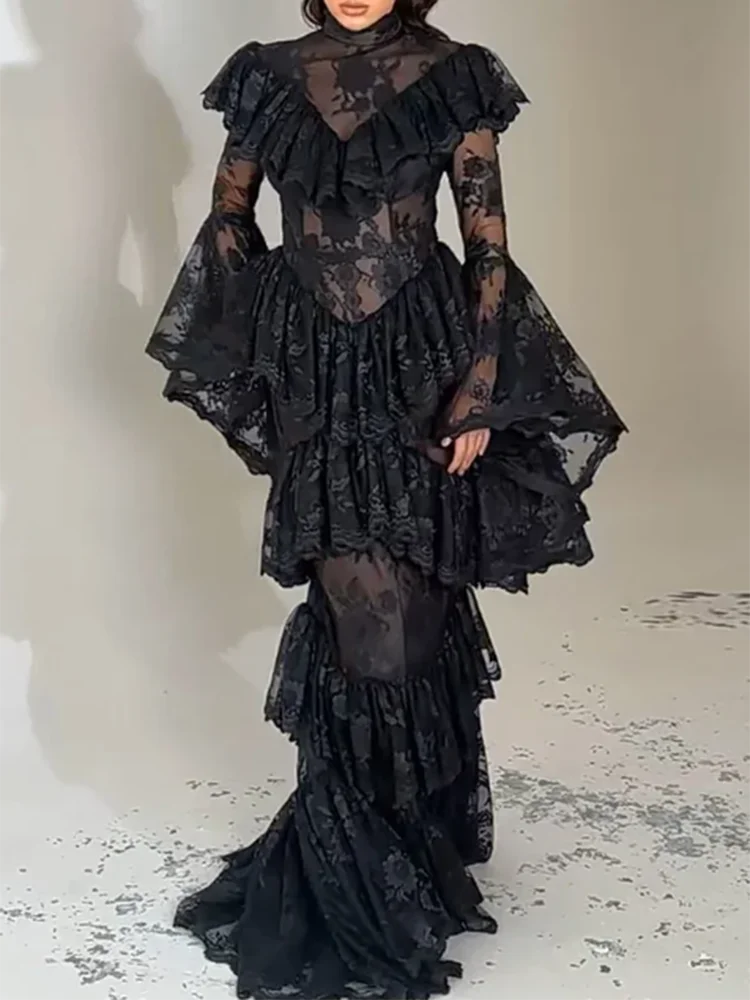 

Новое весеннее приталенное длинное платье с расклешенными рукавами для женщин, элегантное, с многослойным дизайном, для вечеринок, модное, с кружевной вышивкой, вечернее платье