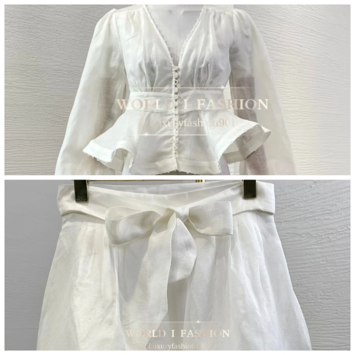 

White Long Sleeve V Neck Ruffles Blouse Tops and Shorts Set