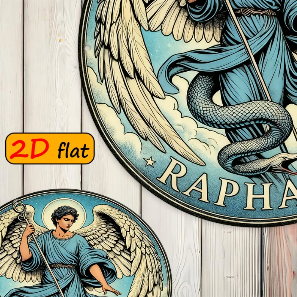 2D Metal Sign, Religious Angel Raphael with Serpent Staff, 7.87x7.87 Inch Round Outdoor Metal Decor, Mystical Garden Wall Art, R