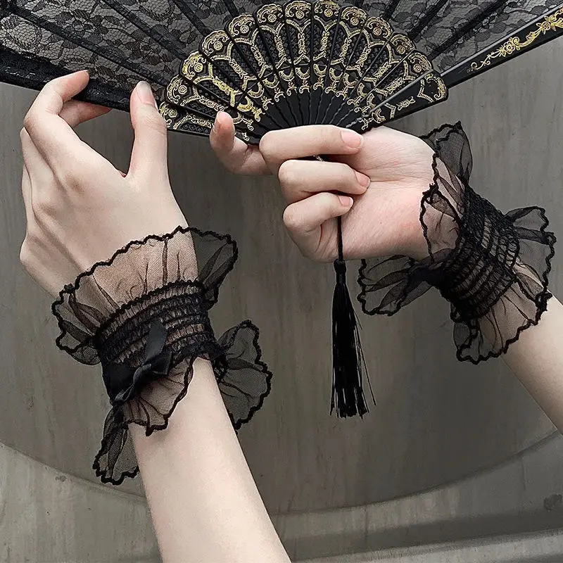 Lolita – bracelet élastique à manches courtes pour femme, avec nœud japonais, en dentelle, noir et blanc