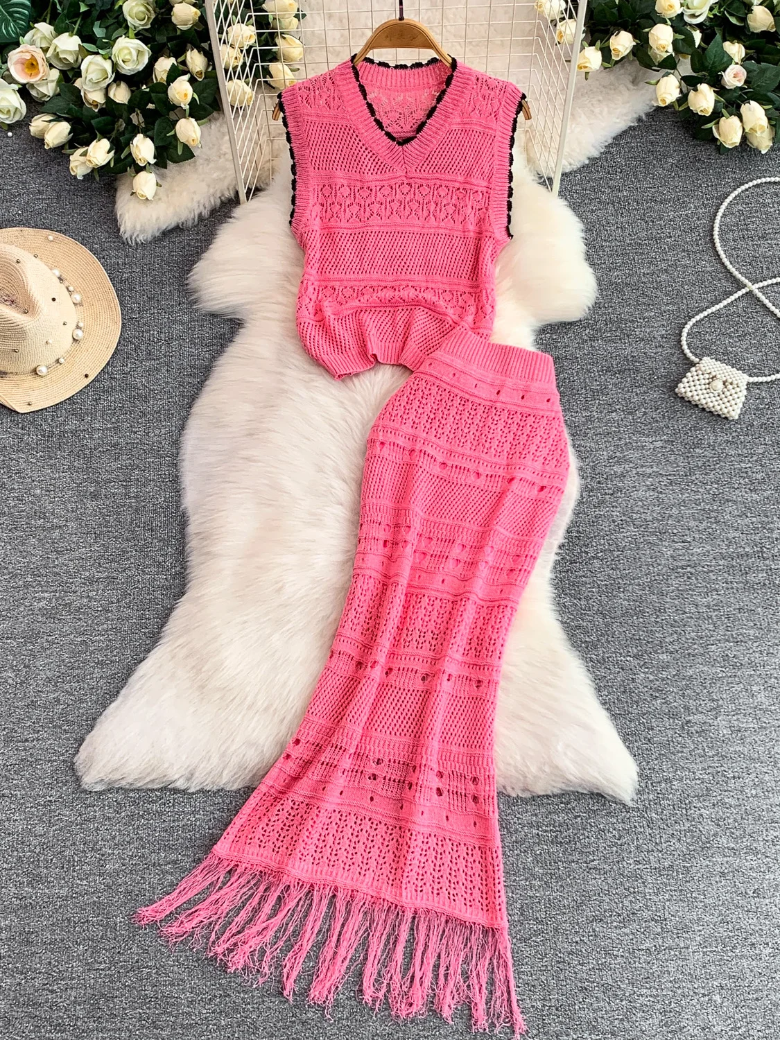 

Elegant Knitted Hollow out Vest Top Women's Trim Long Skirt Two-Piece Set from Dali Yunnan Vacation Style Fashionable Summer ...