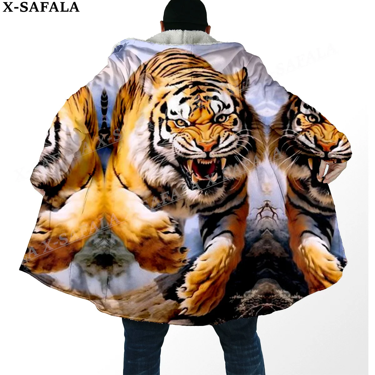 Mythology Tiger The King Spirit Thick Warm Hooded Cloak Men Overcoat Coat Windproof Fleece Cape Robe Hooded Blanket-1