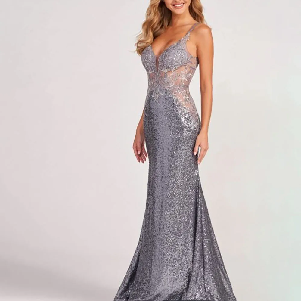 Sheath Stretch Sequin V-Neck Applique Deep V Back Sweep Train Prom Dress