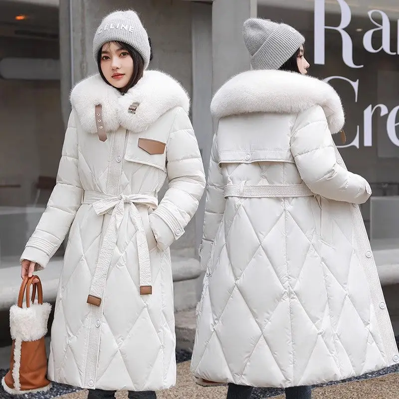 

Winter Large Fur Collar With Waistband Cotton Jacket Loose Thickened Down Coat Women's Mid Length Style Hooded Outerwear Z4020