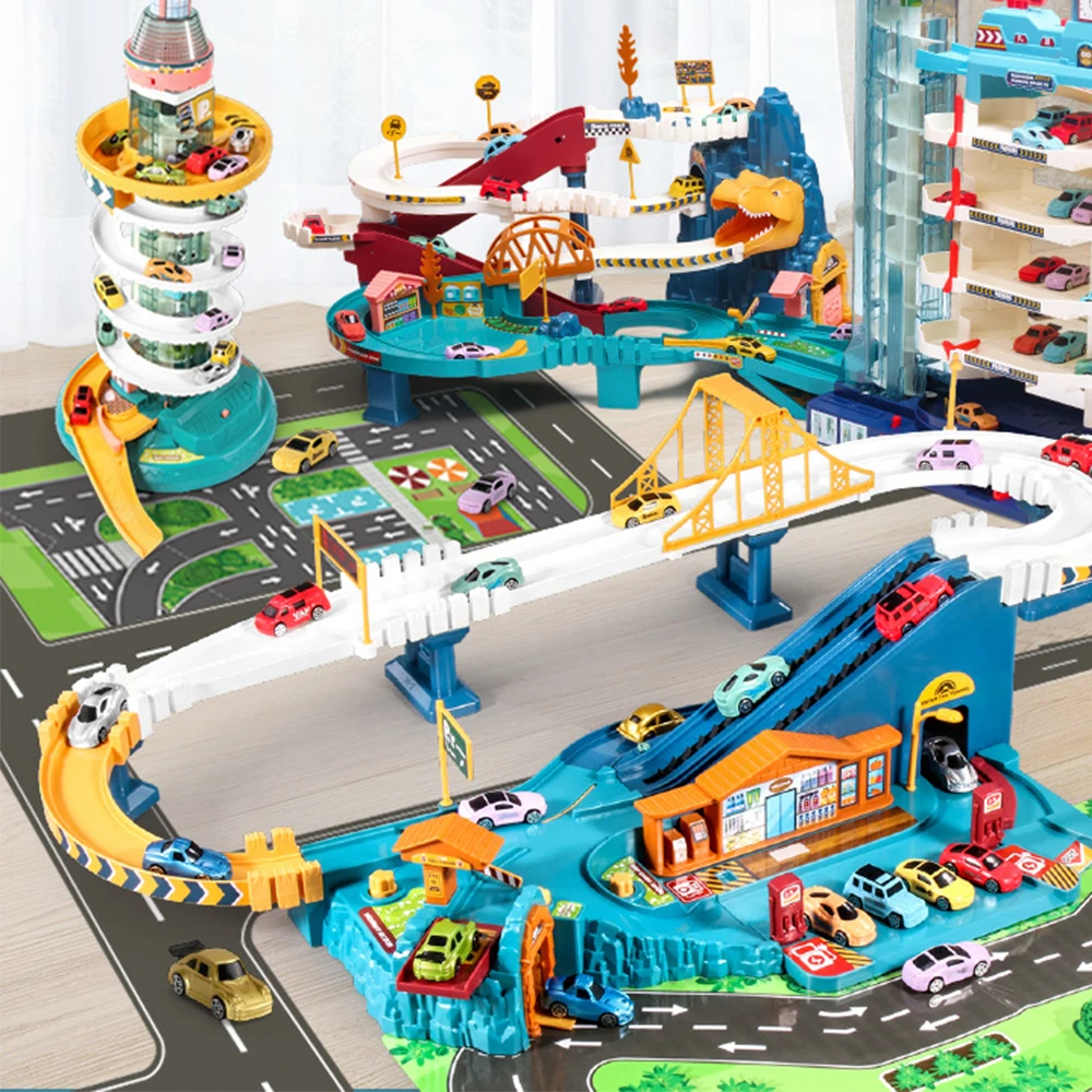 Electric Rail Car Dinosaur Building Parking Lot Adventure Racing Rail Car Toys Children Brain Mechanical Interactive Rail Cars