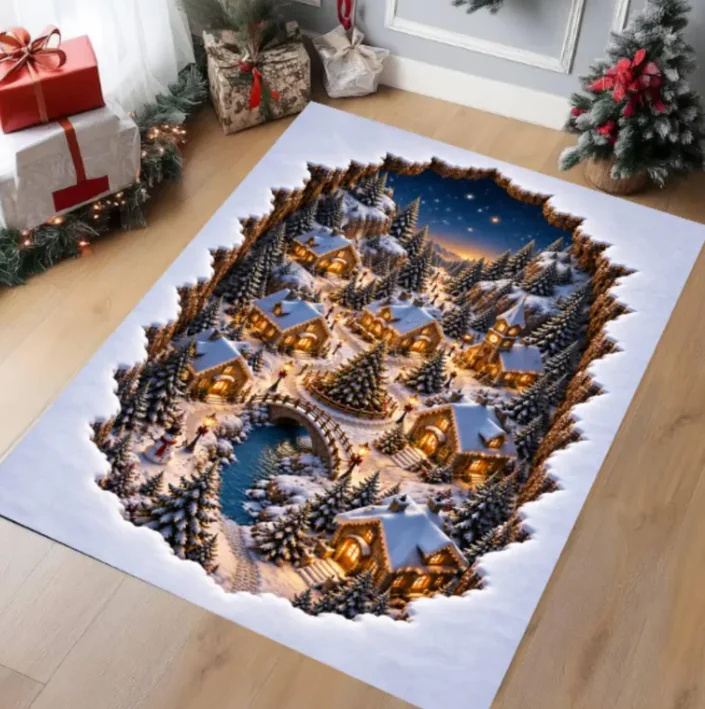 2D Illusion Christmas Village Rug, Washable Non-Slip Carpet, Winter Wonderland Decor
