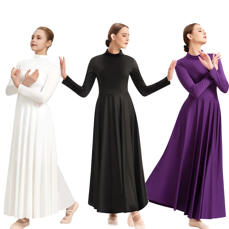 فستان رقص مدح نسائي فضفاض مناسب بطول كامل وأكمام طويلة زي عبادة الليتورجي قصير مجاني وياقة قابلة للطي