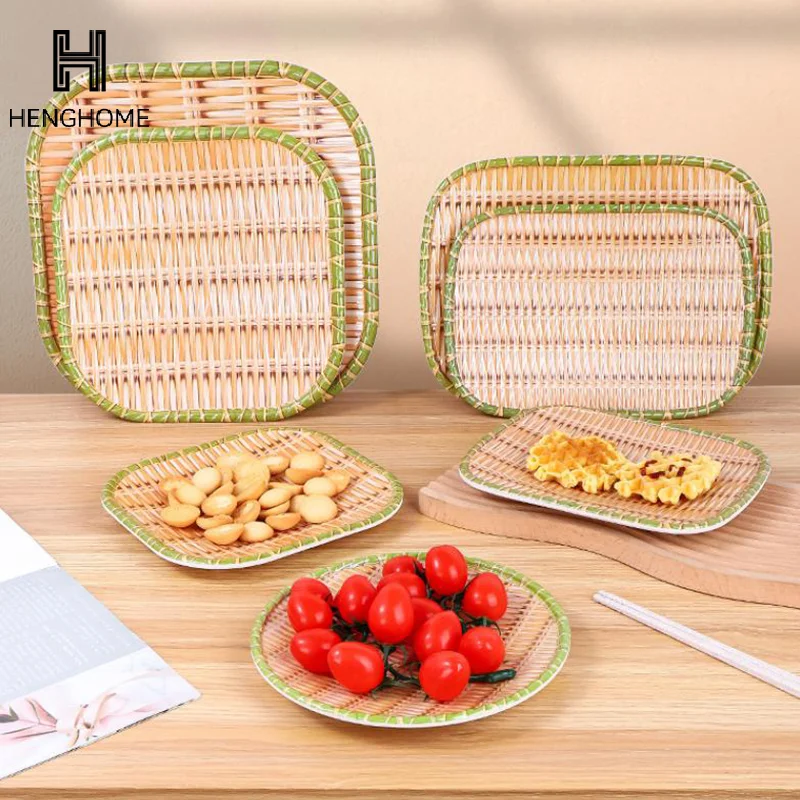 1pcs Creative Bamboo Weaving Hot Pot Vegetable Plate Multiple Styles Melamine Barbecue Plate Green Serving Plate Restaurant