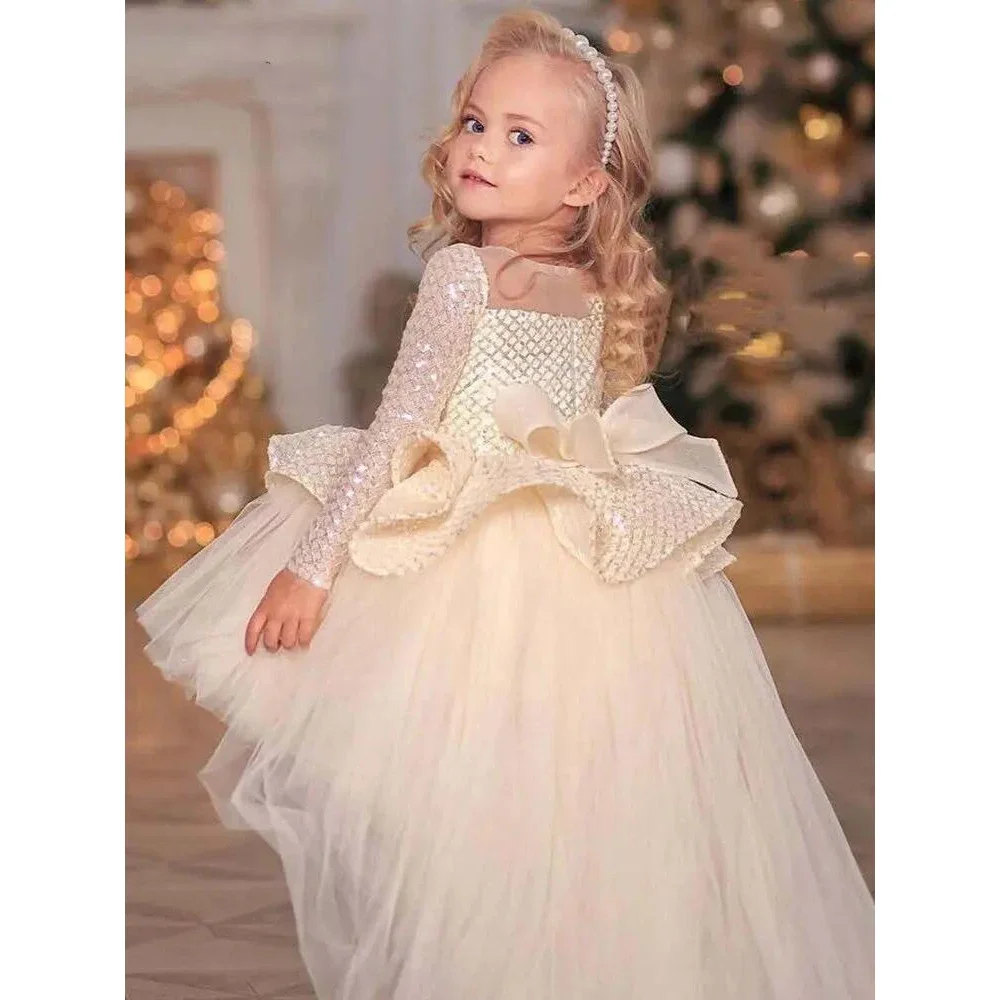 

Sequin Mesh Ball Gown Girl Party Kids Layers Flower Girl Dresses Glitter Bow Knot Princess Dress New Year Birthday