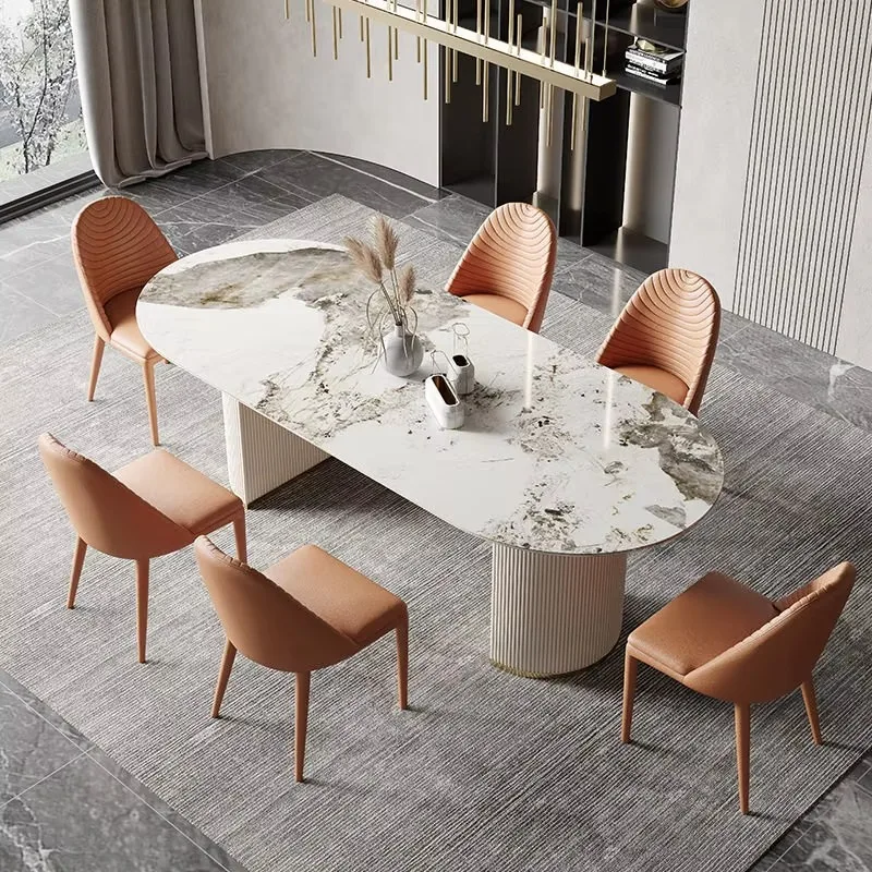 Cream Style Luxury Stone Glossy Dining Table Modern Minimalist Italian Style For Home Use Oval Suitable For Small Apartments