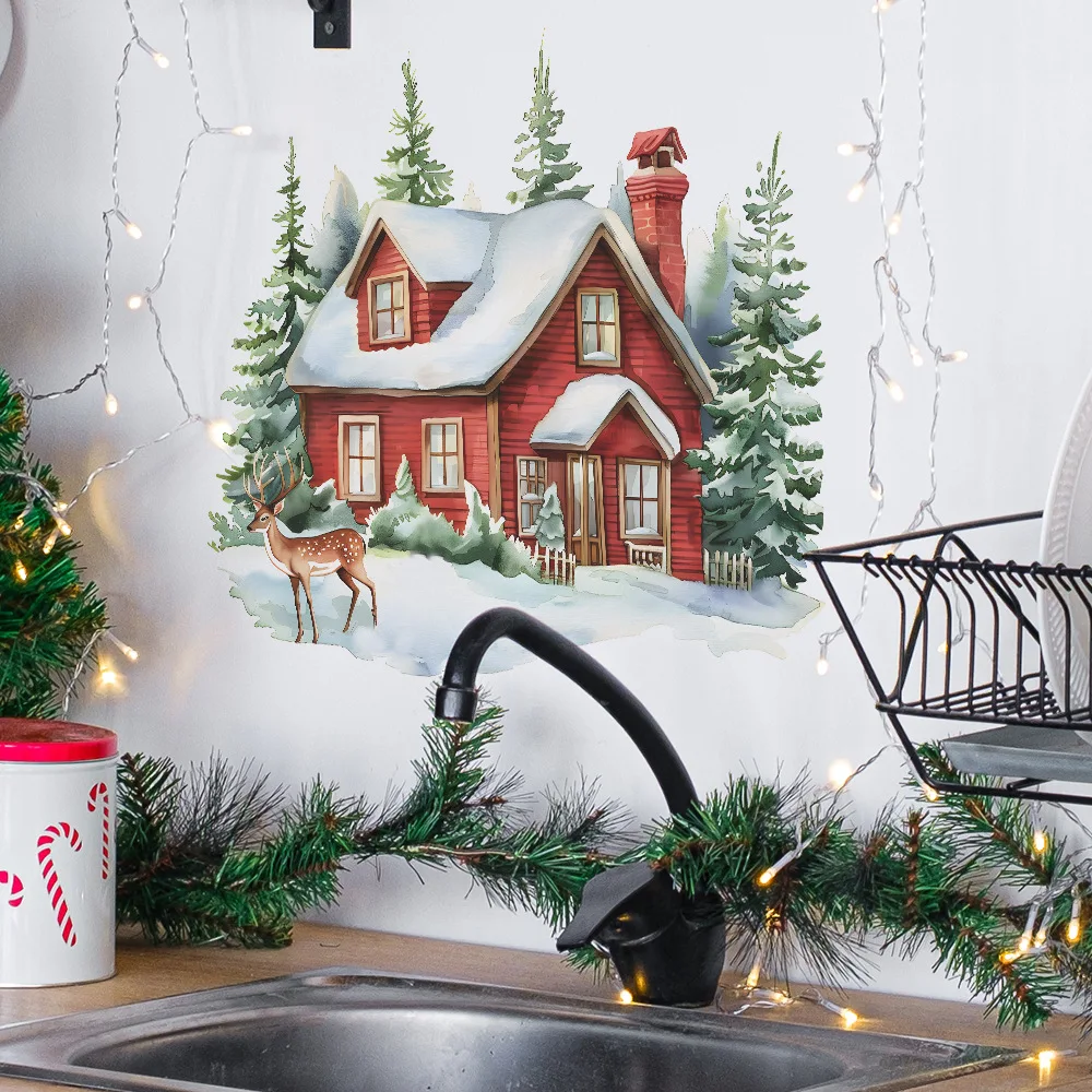 Christmas Snowhouse Deer Tree Bedroom Porch Home Decoration Wall Sticker Self-adhesive Mirror Wall Stickers