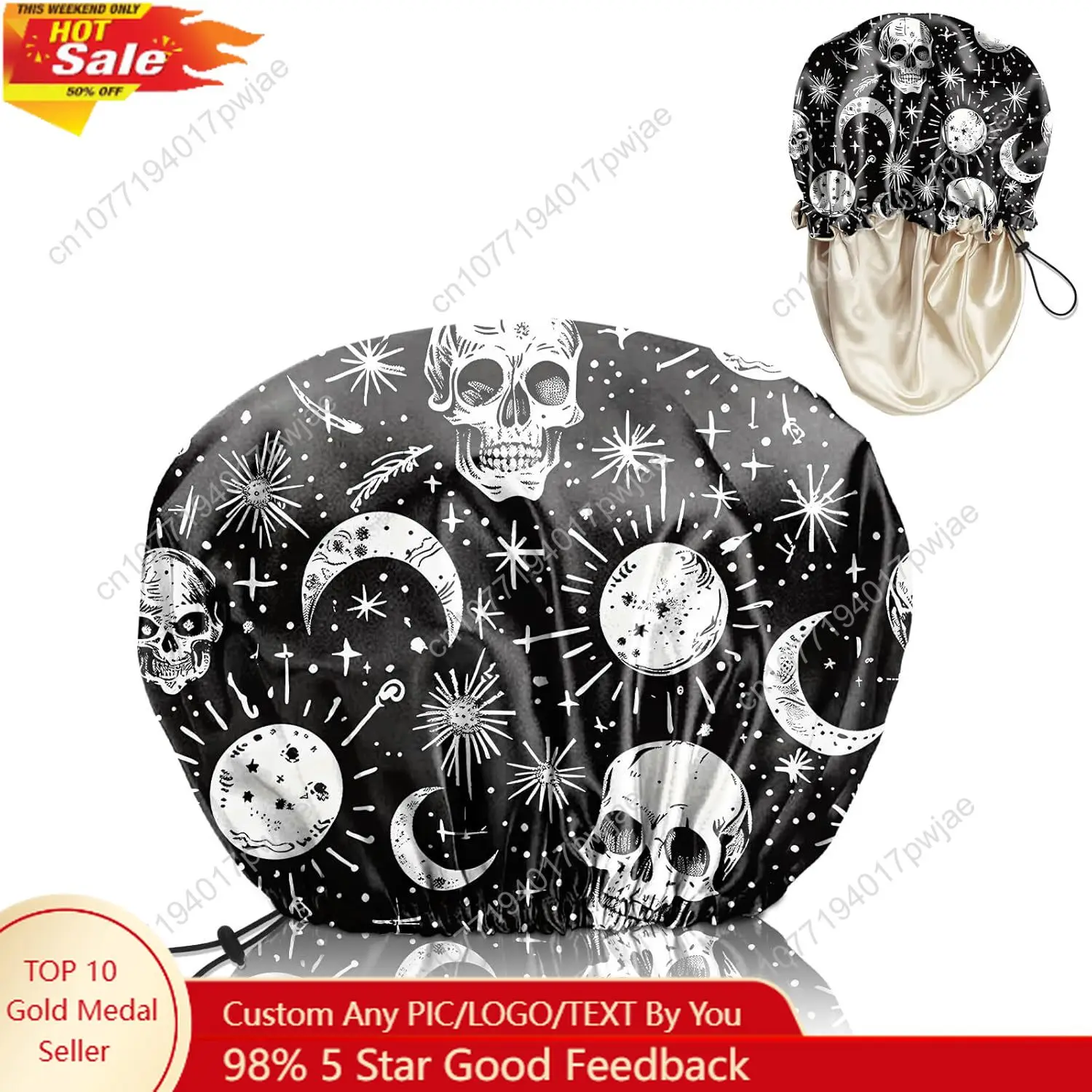 

Luxury Shower Cap Satin Lined Reusable Waterproof Double Layer Elastic Adjustable Hair Bath Cap Cute Aesthetic Women Girlss-Skul