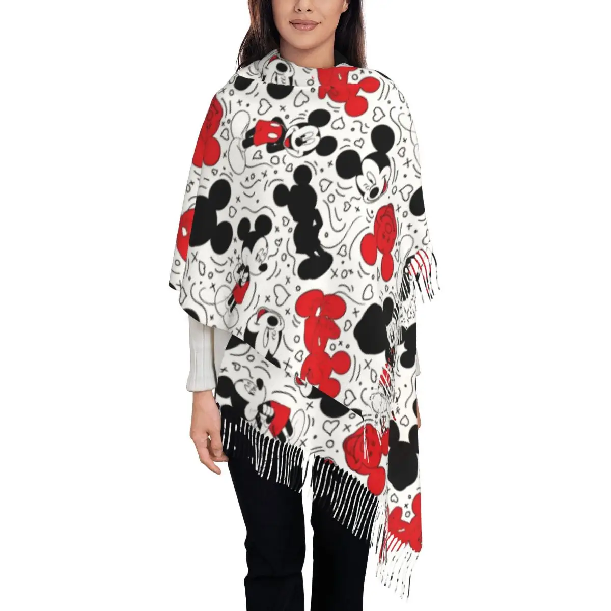 

Женский шарф с кисточкой Микки и Минни, большая зимне-осенняя шаль с рисунком, повседневная одежда, шарфы из пашмины