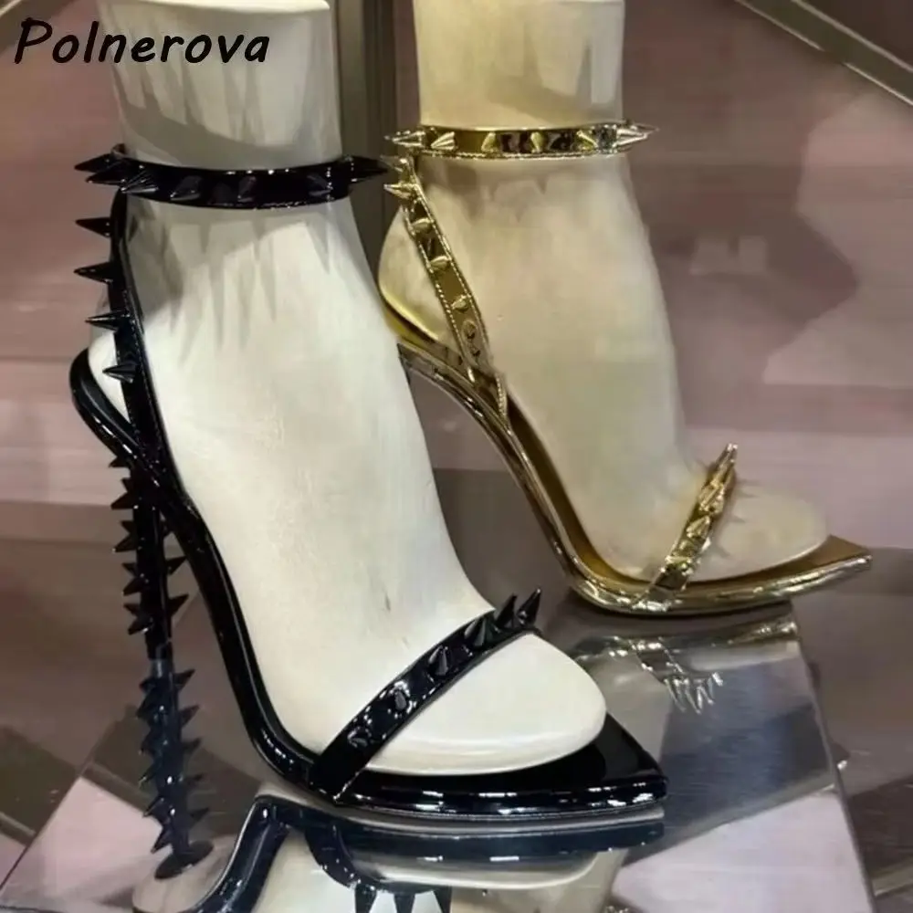Spiked Studded High Heels Women Patent Leather Pointed Toe Ankle Strap Punk Party Dress Shoes Straight Strap Ankle Band Shoes