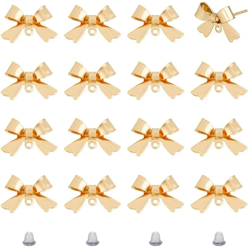 

20Pcs Bowknot Stud Earrings 18K Gold Plated Stud Earring Findings Bow Stud Earrings Brass Stud Earring Findings with Loop
