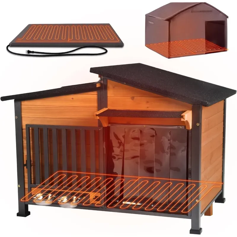 39.7 L Heated Dog House Outdoor Insulated Winter Dog Kennel with Thermostat-Controlled Heating Pad Chew-Proof Metal Frame and