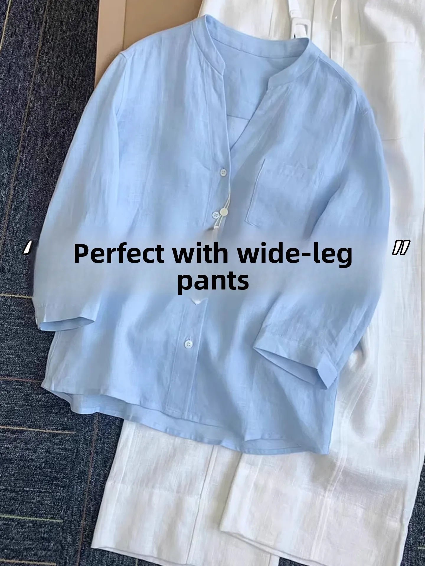 

Loose Linen Sun Protection Shirt Women Summer Thin Seven Sleeve Loose Lazy Cover up Top Korean Style V Neck Casual Shirt
