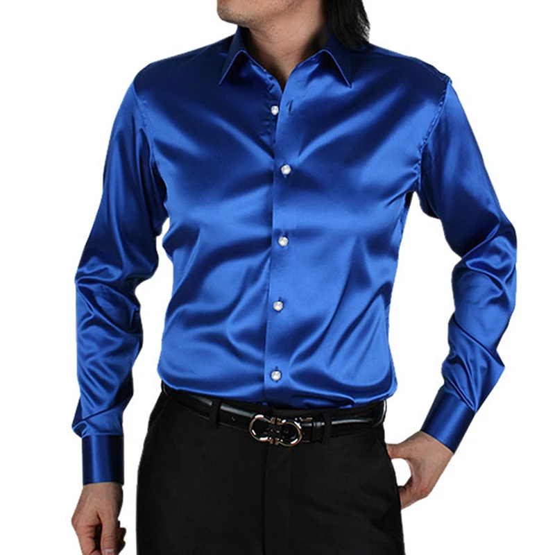 Luxury Shiny Mens Silk Satin Dress Shirt Silk Like Long Sleeve Mens Wedding Shirts Party Stage Dance Performance Magic Show Wear