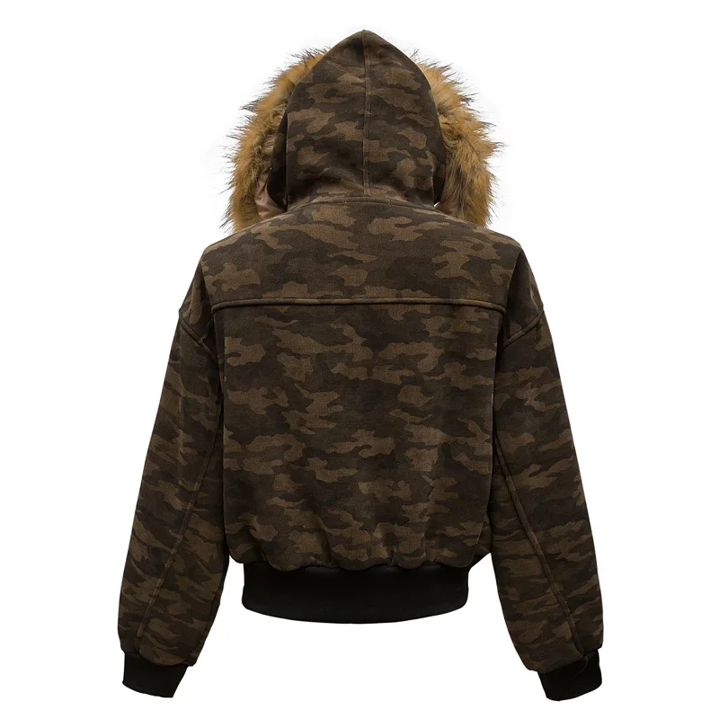 Splicing Camouflage Fur Collar Hooded Jacket Cotton Clothes Men\'s Winter Velvet Loose Short Puffer Jacket