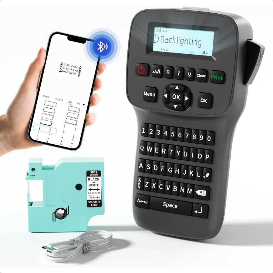 

Label Maker hine withTape Rechargeable Label Makers Portable with Keyboard LM1600 Heat Shrink Label Maker WaterproofLabels Cabl