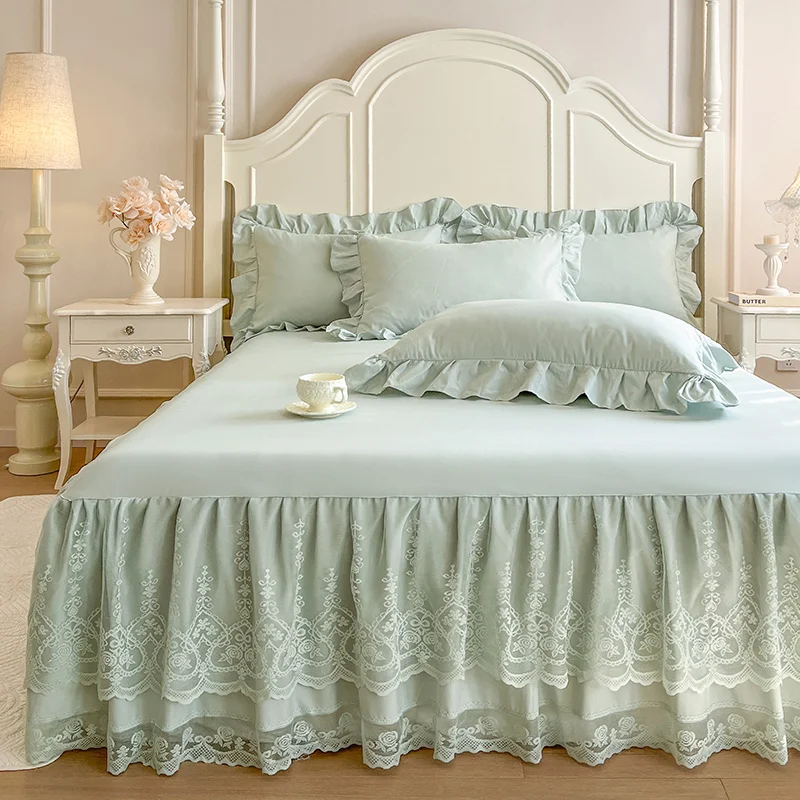 

Однотонная юбка для кровати с кружевом, размеры Queen/King/Sking, однотонная комфортная простыня с оборками, утолщенная юбка для кровати