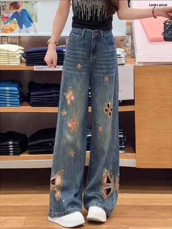 重い刺繍入り、透かし彫りデニムパンツ、レディースサマー新作、ハイウエスト、ゆったり、スリム、ロング丈パンツ、ブルー、ワイドレッグ