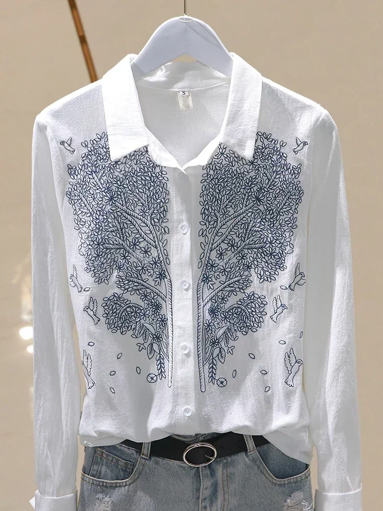 

Хлопковые женские рубашки с цветочной вышивкой, блузки, осень 2023, модная однотонная офисная женская элегантная рубашка с длинными рукавами, топ, синий, белый цвет