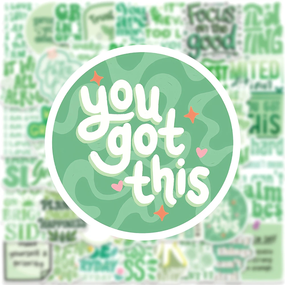 

10/30/50pcs Green English Inspirational Quotes Stickers Funny Cartoon Sticker Suitcase Water Bottle Phone Graffiti Decals Decor