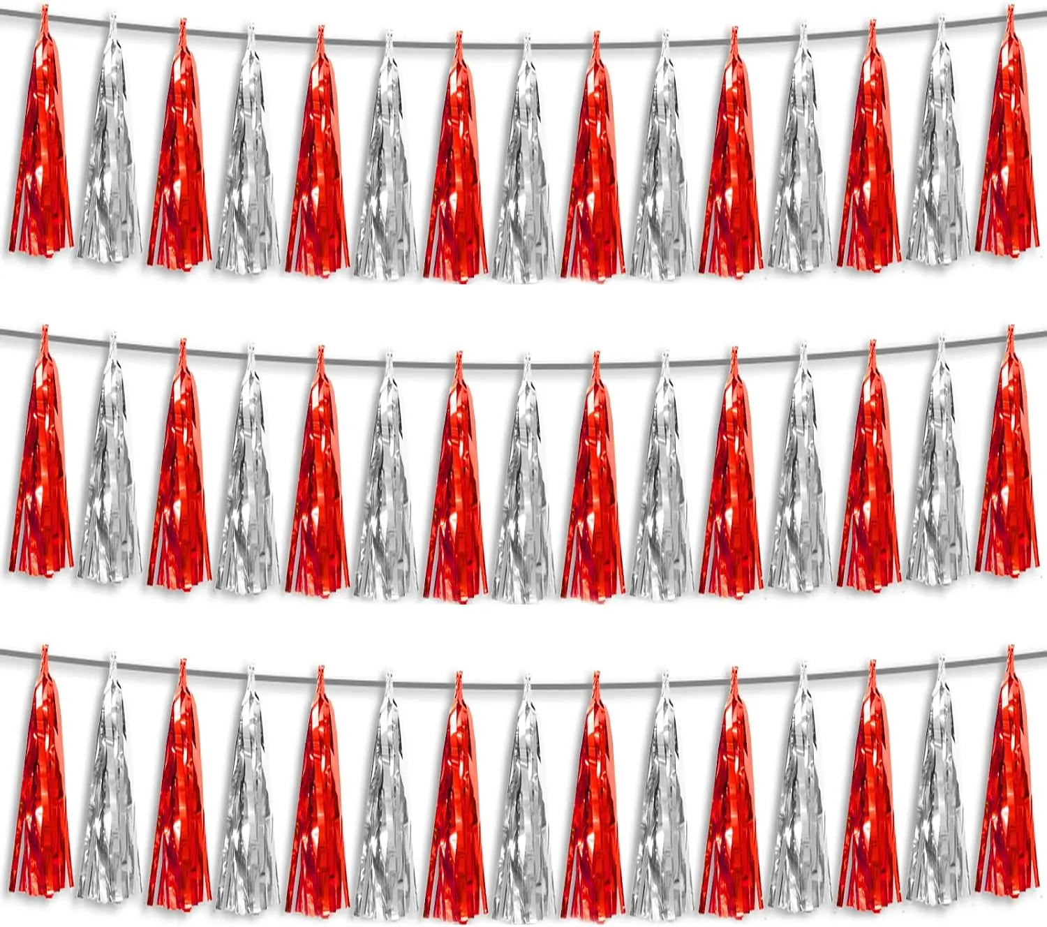 3P Red Silver Foil Fringe Metallic Tassel Streamers Banner Tassel Garland for Parade Floats, Bachelorette, Wedding, Birthday, Halloween, Christmas, Bridal/Baby Shower Party Decorations
