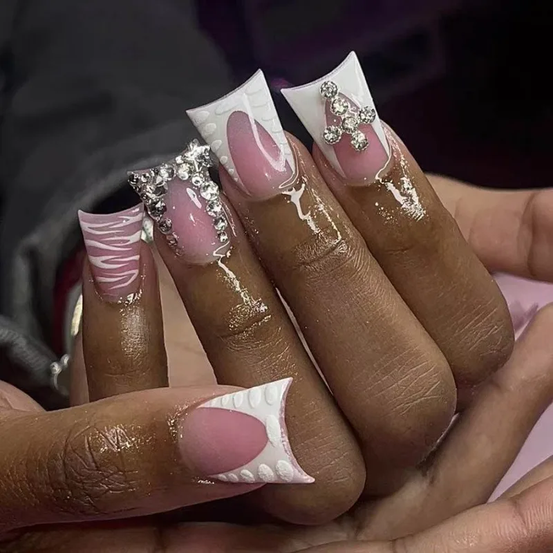 

24 pcs White French Fake Nails for Gluing Ready Diamond Duckbill Acrylic Press on Nails for Girls Medium False Nails for Women