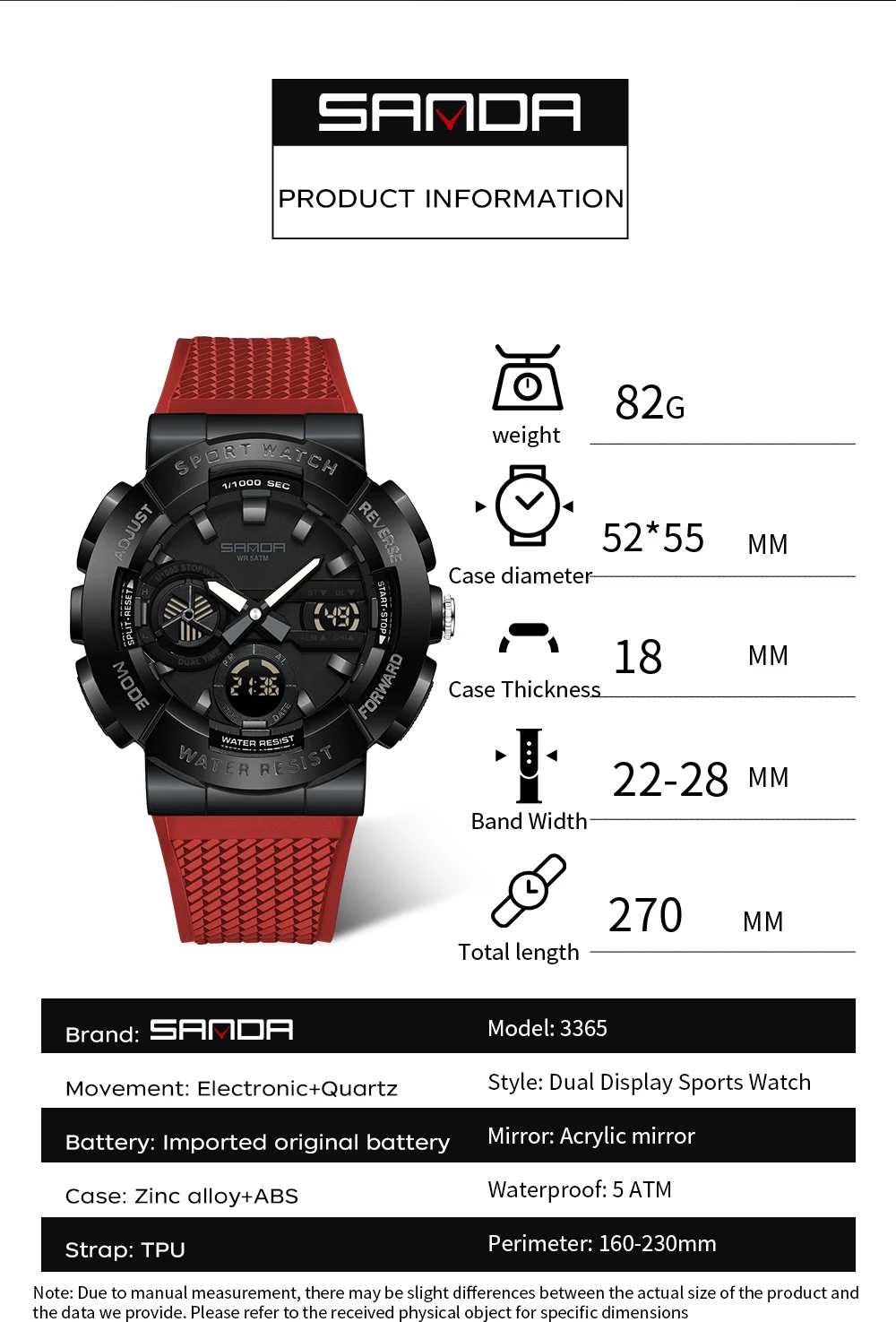 SANDA 2025 جديد 3365 ساعة إلكترونية عصرية للرجال مع شاشات مزدوجة مقاومة للماء ضوء ليلي LED ساعة إلكترونية للرجال #3