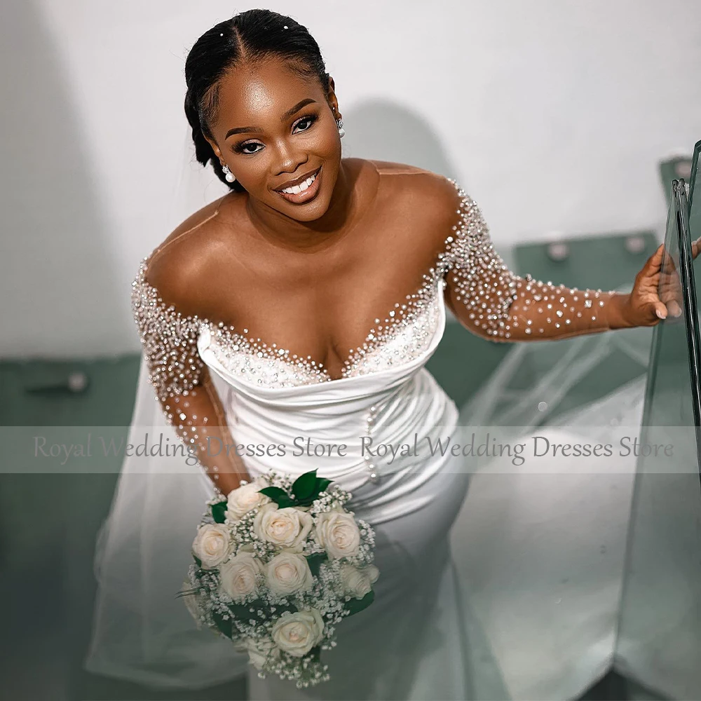 Vestido de novia de lujo con perlas de ilusión de tren desmontable, vestidos de novia de manga larga, vestidos de novia africanos de sirena de satén blanco