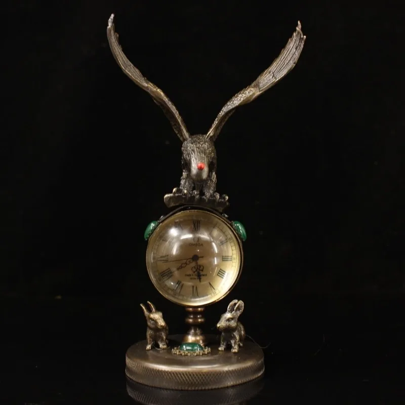 Antique Eagle Rabbit Figurine Mechanical Table Clock Inlaid Gem Vintage Desktop Ornament Collectible Home Decor Gift