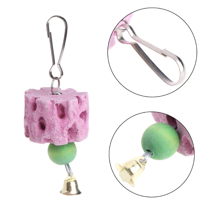 Piedra calcio con molienda para pájaros, juguetes para masticar minerales con campana, para conejitos y loros, envío