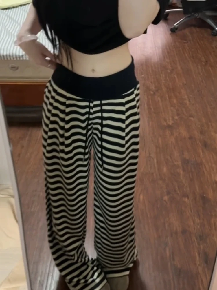 Pantaloni casual Dstring a righe retrò americani Pantaloni a gamba larga a gamba dritta a vita alta da donna dimagranti