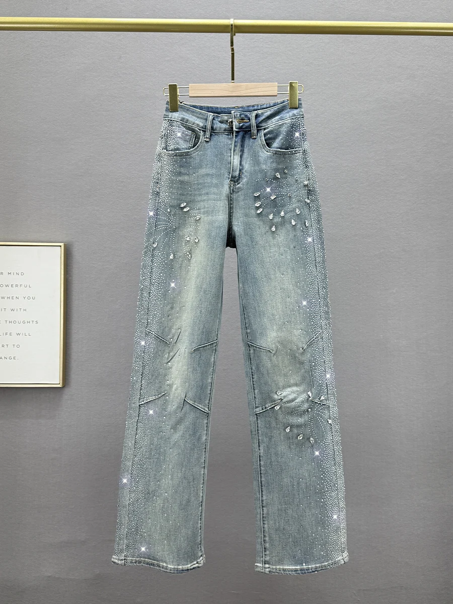 

Женские джинсы с высокой талией и стразами, прямые, из денима, с эффектом похудения, весенняя новинка, длинные брюки в пол