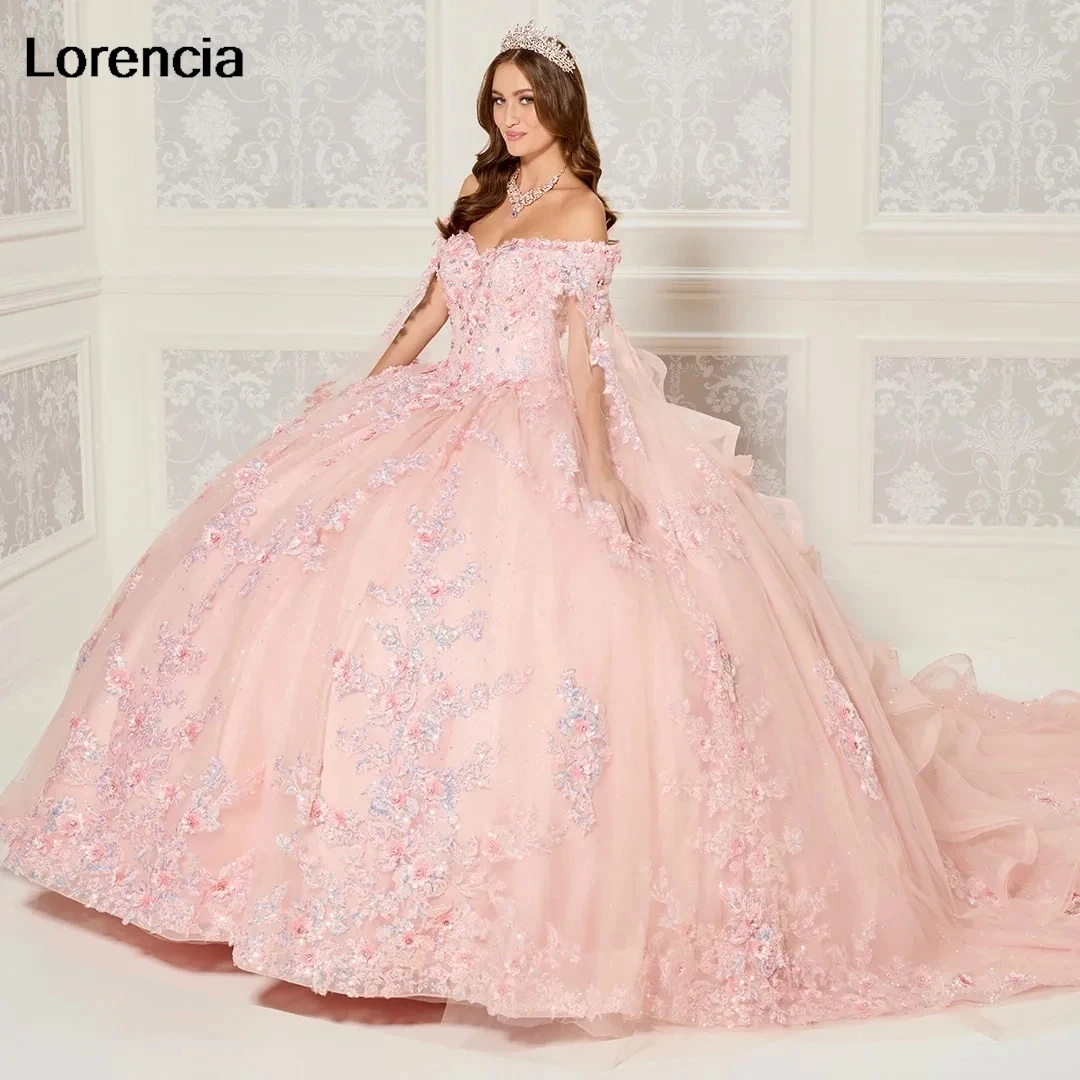 

Lorencia Pink Quinceanera Dress Ball Gown 3D Flower Lace Applique Beaded With Cape Pleat Sweet 16 Vestidos De 15 Años YQD742